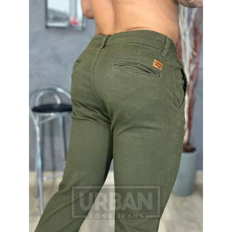 Calça de Sarja Premium Verde Militar Masculina Slim Fit com Lycra Calca jeans