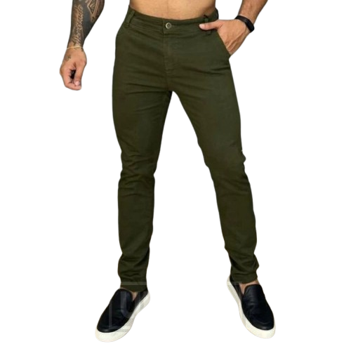 Calça de Sarja Premium Verde Militar Masculina Slim Fit com Lycra Calca jeans