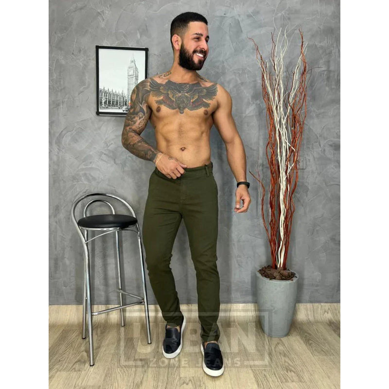 Calça de Sarja Premium Verde Militar Masculina Slim Fit com Lycra Calca jeans