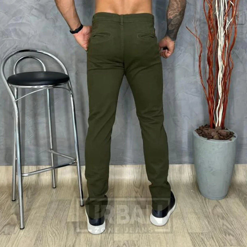 Calça de Sarja Premium Verde Militar Masculina Slim Fit com Lycra Calca jeans