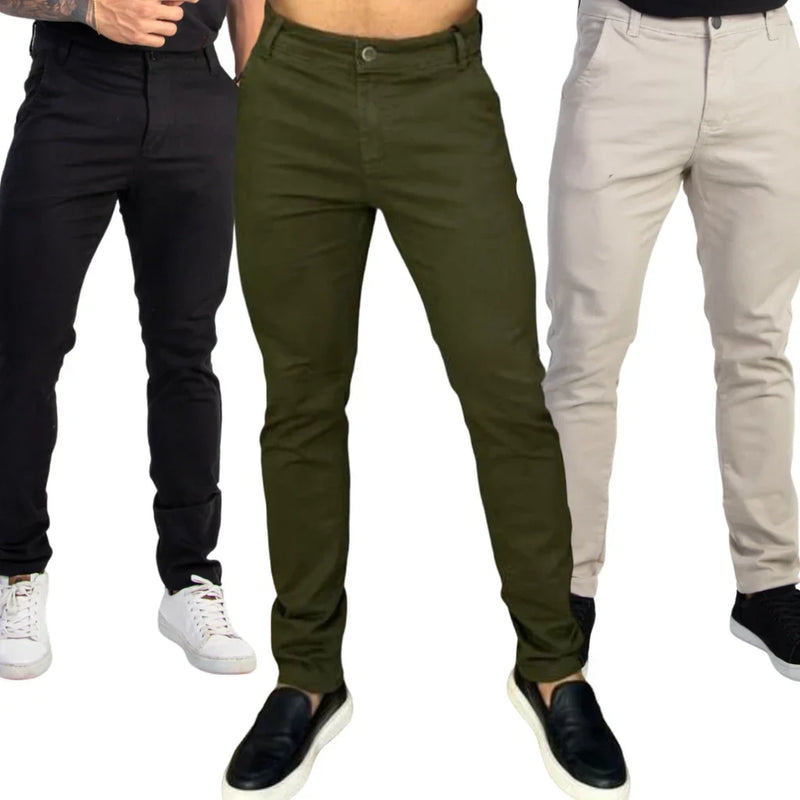 Kit c/ 3 Calças Masculinas de Sarja Esporte Fino com Elastano Social com Bolso Embutido